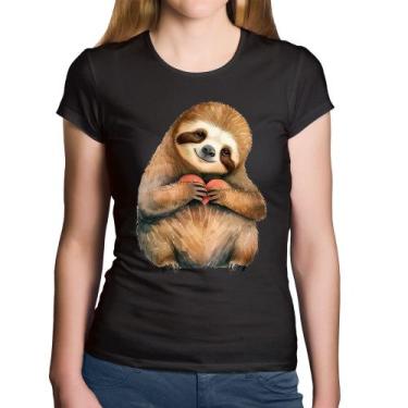 Imagem de Baby Look Algodão Bicho Preguiça Coração - Foca na Moda, Preto, GGG