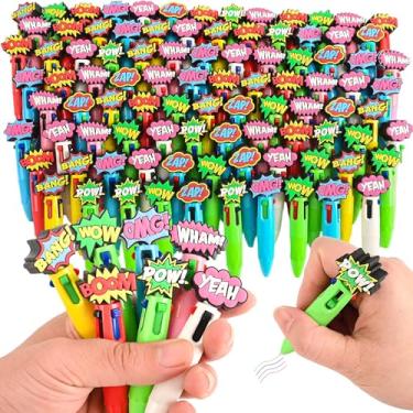 Imagem de LiYiQ 100 canetas coloridas coloridas coloridas em um desenho animado fofo 4 em 1 canetas esferográficas fofas em massa Kawaii Hero Boom Wow Pow conversação legal para presentes divertidos