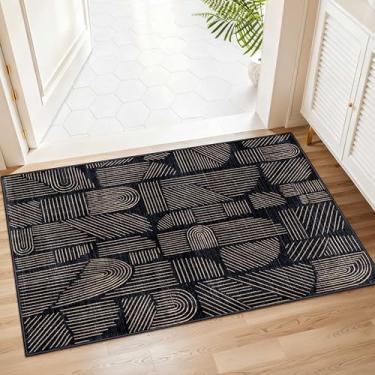 Imagem de MUJOO Tapete lavável 5,5 x 7,5 cm, moderno, abstrato, antiderrapante, com pelo baixo, para área pequena, preto e dourado para entrada, banheiro, cozinha, quarto