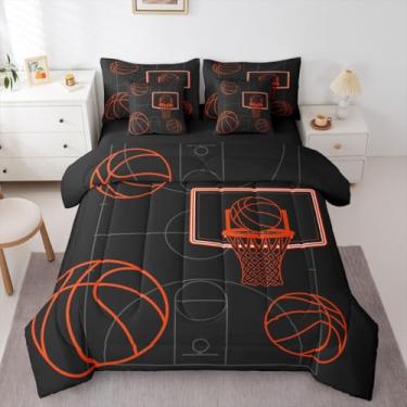Imagem de Erosebridal Jogo de edredom completo para meninos e crianças, 7 peças | Jogo de cama com estampa de bola de jogos, para quarto, tema esportivo, com edredom, preto e laranja, decoração de quarto