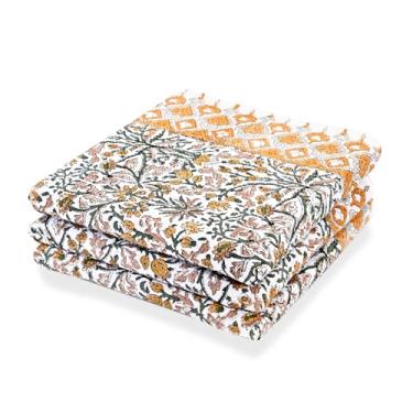 Imagem de Ridhi Goldenrod Yellow Hand Block Print Waffle Toalha de cozinha conjunto de 3-16 x 28 panos de prato ultra absorventes de secagem rápida 100% algodão, toalhas de prato leves reutilizáveis