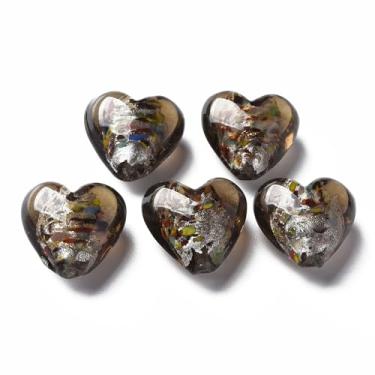 Imagem de 28 peças de contas de vidro coração lampwork café folha prata contas de vidro amor coração vidro solto contas espaçador para DIY Valentine colar pulseira brinco fabricação de joias