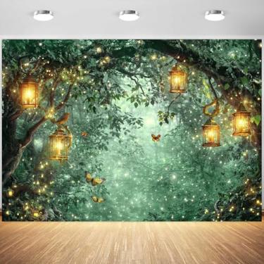 Imagem de Pano de fundo de floresta encantada de 2,1 x 1,5 m para fotografia, fundo verde de jardim de fadas, para meninas, para sessão de fotos, casamento, chá de bebê, festa de aniversário de meninas