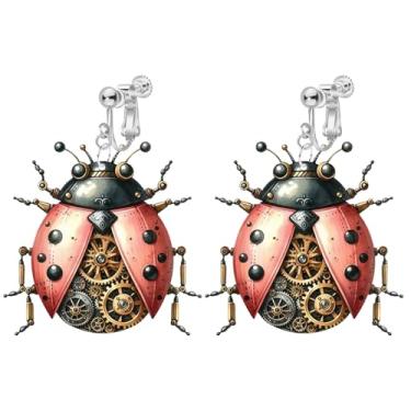 Imagem de Brincos pendentes de besouro com clipe para mulheres, não perfurados, padrão 2D exclusivo, brincos bonitos de acrílico joaninha da moda, Acrílico, Sem pedra preciosa