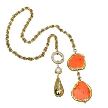 Imagem de SQGGMOAUSC Colar com pingente de 73,6 cm banhado a ouro branco Biwa pérola laranja pedra lariat