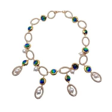 Imagem de DWBPGVUN Colar gargantilha com pérola branca cultivada de 9 a 10 mm 14 mm de vidro murano azul para presente