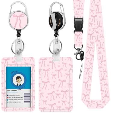 Imagem de Porta-crachá de laço com cordão, lindo suporte de crachá de identificação com clipe retrátil e chaveiro, capa protetora vertical para cartão de identidade para enfermeira e professora