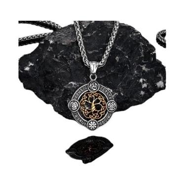 Imagem de Colar De Árvore Da Vida Em Aço Inoxidável Dourado Com Runas Nórdicas P