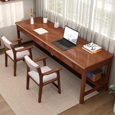 Imagem de Mesa dupla extragrande em madeira com 2 gavetas e prateleira de armazenamento, perfeita para escritório doméstico e mesa de estudo.