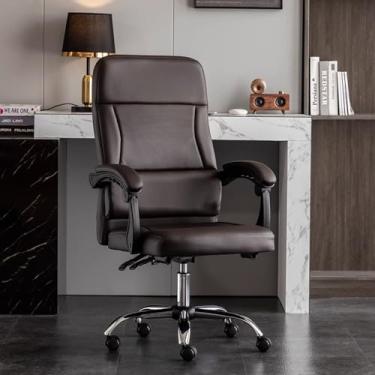 Imagem de Cadeira de escritório executiva ergonômica com encosto alto, cadeira de computador de couro PU com apoio de braço, inclinação ajustável, rodas, design perfurado respirável - marrom