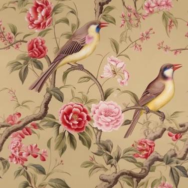 Imagem de VEELIKE Papel de parede chinês amarelo caramelo descasque e cole papel de parede de pássaro vintage com peônias para quarto banheiro 43 x 39 cm, papel de parede floral removível, papel de contato