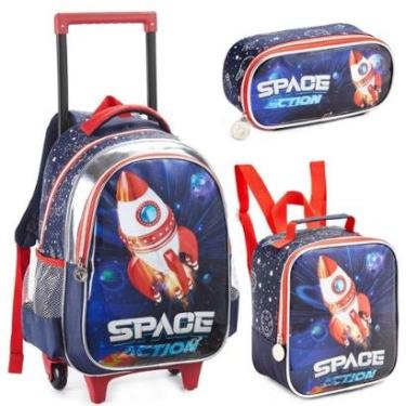 Imagem de Kit Mochila Rodinha Escolar Lancheira Estojo Infantil Space Nasa Astronauta Denlex-Unissex