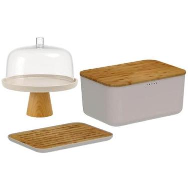 Imagem de Conjunto Boleira com Cúpula e Pé Tábua Migalheira Porta Pão com Tampa 