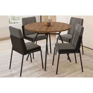 Imagem de Sala Jantar Mesa 1588 Aço 100cm + 4 Cadeiras Hug Preto/Freijo - Linho Grafite/Corano Preto - Carraro