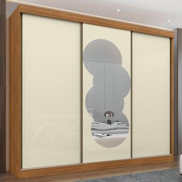 Imagem de Guarda Roupa Casal com Espelho Redondo 3 Portas de Correr Ambar Maxel Móveis - Cinamomo/Off White