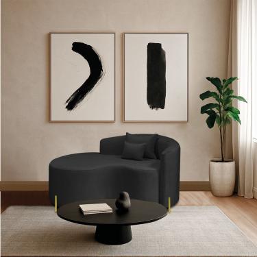 Imagem de Divã Recamier Curvo Sala De Estar Recepção Inglaterra 150cm Pés Metal Dourado Lado Esquerdo Bouclé Preto