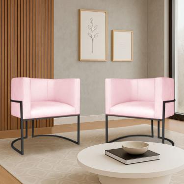 Imagem de Kit 2 Poltronas Dália Luxo Moderna Estofada Design Sofisticado Com Base De Ferro Preto Suede Rosa Bebê