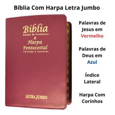 Imagem de Bíblia sagrada  letra jumbo  harpa  arc  índice  capa de luxo vinho  p