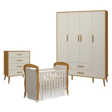 Imagem de Quarto De Bebê 4 Portas Com Cômoda Gaveteiro Isis E Berço Americano Danny Areia Savana Acetinado - Reller