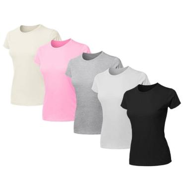 Imagem de Kit 5 Blusas Feminina Camiseta Lisa Básica Algodão Baby Look-Feminino