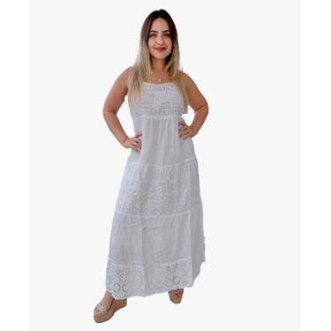 Imagem de Vestido Longo Indiano Alça Branco Bordado c/ Forro Cod.09 - Aleci Fash