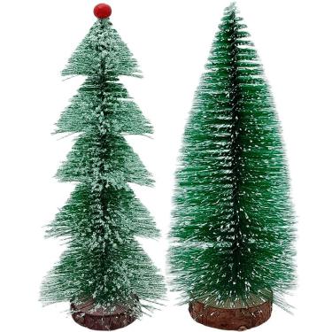 Imagem de Mini Árvore de Natal Pinheiro Kit 2 Peças para Decoração com Base de Madeira Verde com Flocos de Neve 33cm