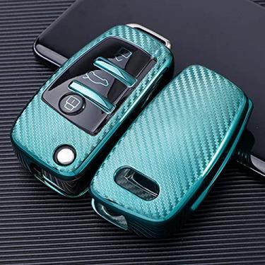 Imagem de WSWJDW Fibra de carbono TPU 3 botões chave masculino feminino capa chave do carro capa chaveiro anel chave bolsa, apto para Audi C6 A7 A8 R8 A1 A3 A4 A5 Q7 A6 C5, verde