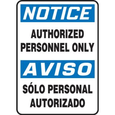 Imagem de Accuform Placa bilíngue espanhol de plástico SBMADC801VP, lenda "notice Authorized Personnel ONLY/Aviso Solo Personal AUTORIZADO", 35,5 cm de comprimento x 25,4 cm de largura x 0,1 cm de espessura, azul/preto sobre branco