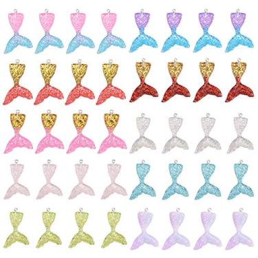 Imagem de SUNNYCLUE 40 peças, 10 cores, pingentes de cauda de sereia de resina, pingentes de costas planas com pó de glitter para fazer você mesmo, joias, brincos, pulseiras, colares, orifícios, 2 mm
