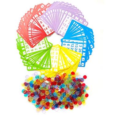 Imagem de Yuanhe Conjunto de Bingo com 100 Cartas de Bingo e 1000 Fichas de Bingo Coloridas Transparentes
