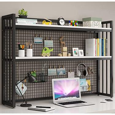 Imagem de Estante de 2 camadas de estrutura de aço prateleira de mesa rack de armazenamento de escritório estante de mesa com grade de metal para evitar queda e prateleira de exibição de altura ajustável do chão organizador estante (cor: ouro, tamanho: 1