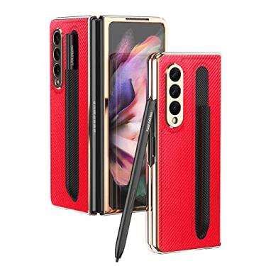 Imagem de Capa de telefone de couro de fibra de carbono com suporte para S Pen Moldura de revestimento frontal Capa de filme de vidro temperado para Samsung Galaxy Z Fold 3 5G, vermelho, para galaxy Z FOLD 3