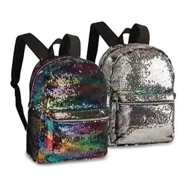 Imagem de Mochila Feminina Juvenil Paetê Colorido Prata Muda Cor Clio