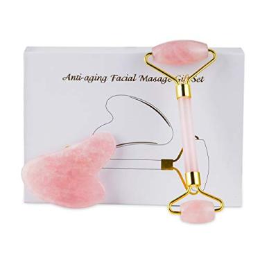 Imagem de Rolo de quartzo rosa e Gua Sha raspagem massagem tonificante conjunto de ferramentas de massagem curativa, massageador facial de jade DORISILK para rosto, corpo, olhos, anti-envelhecimento e rugas