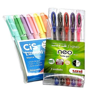 Imagem de 5 Caneta Gel Signo Neo Uni + 6 Marca Texto Lumini Pastel CiS