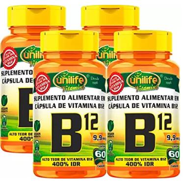 Imagem de Kit com 4 Frascos de Vitamina B12 Cianocobalamina Unilife 60 Capsulas 450mg