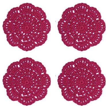 Imagem de Porta-copos de crochê redondo de renda Phantomon, 4 polegadas, pacote com 4, Burgundy