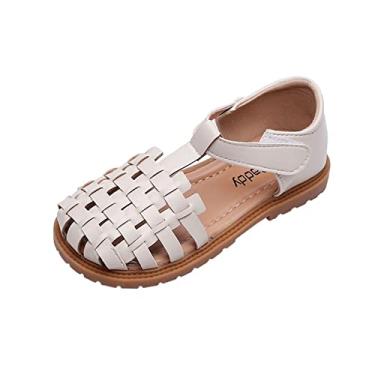 Imagem de Sandálias para meninas, bico aberto, design de tecelagem, sandálias rasteiras de verão, sapatos casuais aquáticos para crianças, Bege, 4 Big Kids