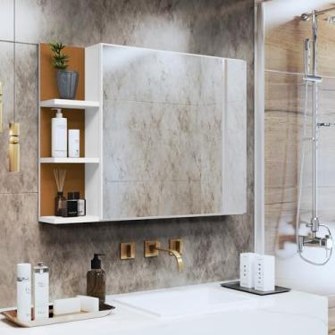 Imagem de Armario e Espelheira Suspensa Iris Para Banheiro Com 2 Prateleira Grande, 3 Prateleira Pequenas Decoração de banheiro (BRANCO/CINAMOMO)