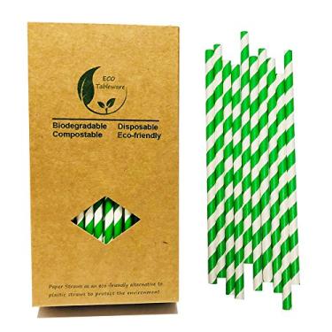 Imagem de 100 Pack Green And White Paper Drinking Straws, 7.75 Inches Green Striped Drinking Straw Cake Pop Stick