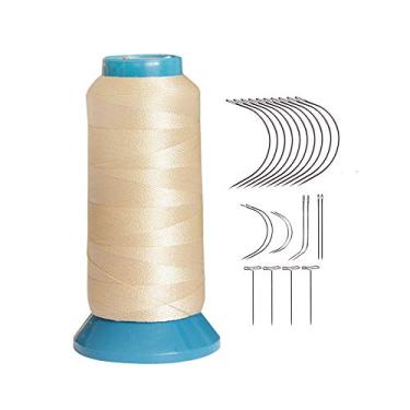 Imagem de Linha de tecelagem de cabelo com agulhas C/J/I/T 1500 jardas 210 D linha de costura de poliéster para fazer perucas kit de extensão de cabelo (bege)