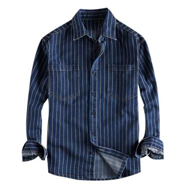 Imagem de Camisa jeans masculina de manga comprida com estampa listrada combinando com cores e gola larga, Azul, XG