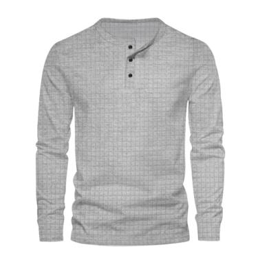 Imagem de Camisetas masculinas de manga comprida xadrez cor sólida abotoadas gola redonda pulôver camisetas casuais, Cinza-claro, XXG
