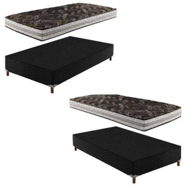 Imagem de 2 Bases Box Solteiro Íris 42x88x188cm com Kit com 2 Colchões Solteiro Unique D33 Plus 14x88x188cm Preto Elegancy