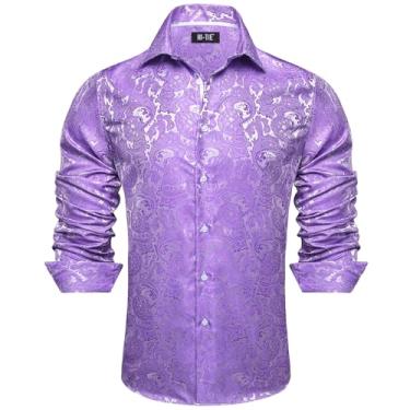 Imagem de Hi-Tie Camisas sociais masculinas lavanda tecido jacquard seda floral manga longa camisas ajuste regular camisas de botão para festas negócios, GG, Lavanda, GG