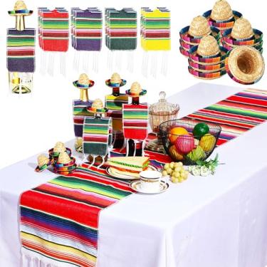 Imagem de Moukeren 25 peças de decorações de festa mexicana inclui 12 mini chapéus de palha sombrero mexicano, 12 mini poncho de serapes para garrafas de 217 x 33 cm Caminho de mesa mexicano para festa de festa Cinco De Mayo