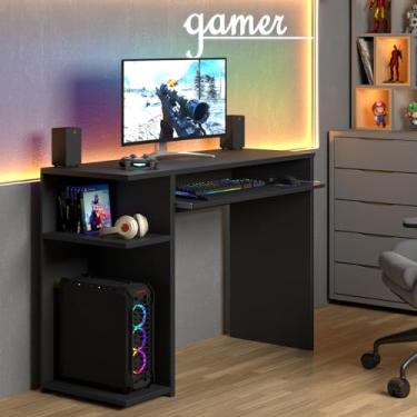 Imagem de Mesa Para Computador Gamer Jm com Amplo Espaço Prateleira Organizadora Compartimento para Telhado Decoração Casa Quarto Escritório - Quarteto Móveis (PRETO)