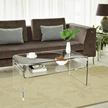 Imagem de Mesa de centro de acrílico, mesa de centro transparente de 80 cm com prateleira de armazenamento, mesa central retangular, mesa de centro moderna para sala de estar, escritório, 80 cm C x 40 cm L x 38