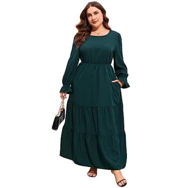 Imagem de KOJOOIN Vestido maxi feminino plus size, gola redonda, manga comprida, cintura império, bainha plissada, casual, boêmio, com bolsos, Verde escuro, XXG