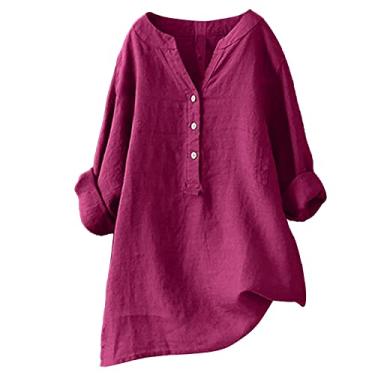 Imagem de Camisas femininas de algodão e linho com botões 2024 gola Henley manga comprida blusas soltas modernas casuais confortáveis, Vinho, 5G